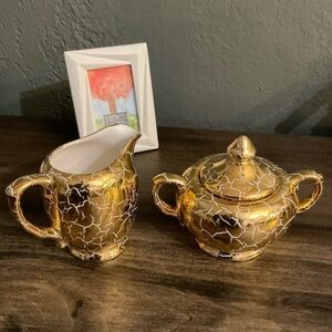 Vintage Gold Crackle MCM Cream & Sugar Set